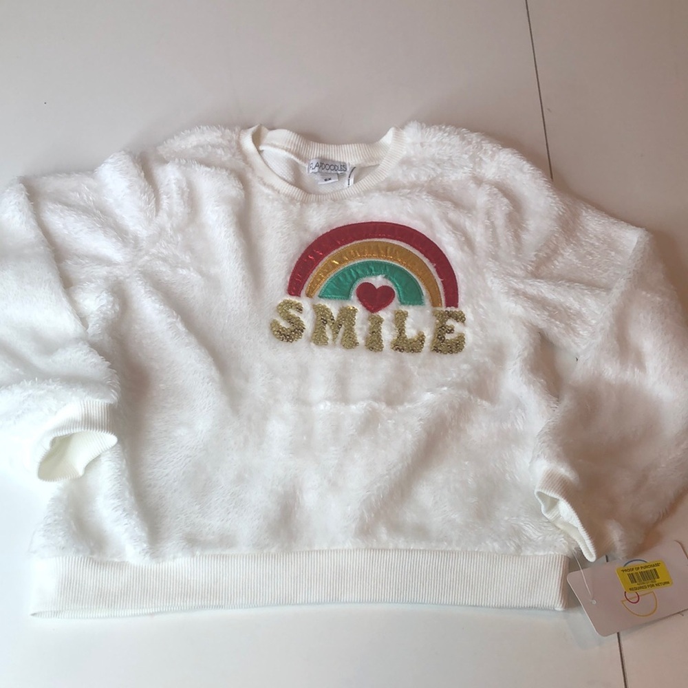 NWT Flapdoodles White Fuzzy Sweatshirt Rainbow and Smile Embroidered Design 6X
